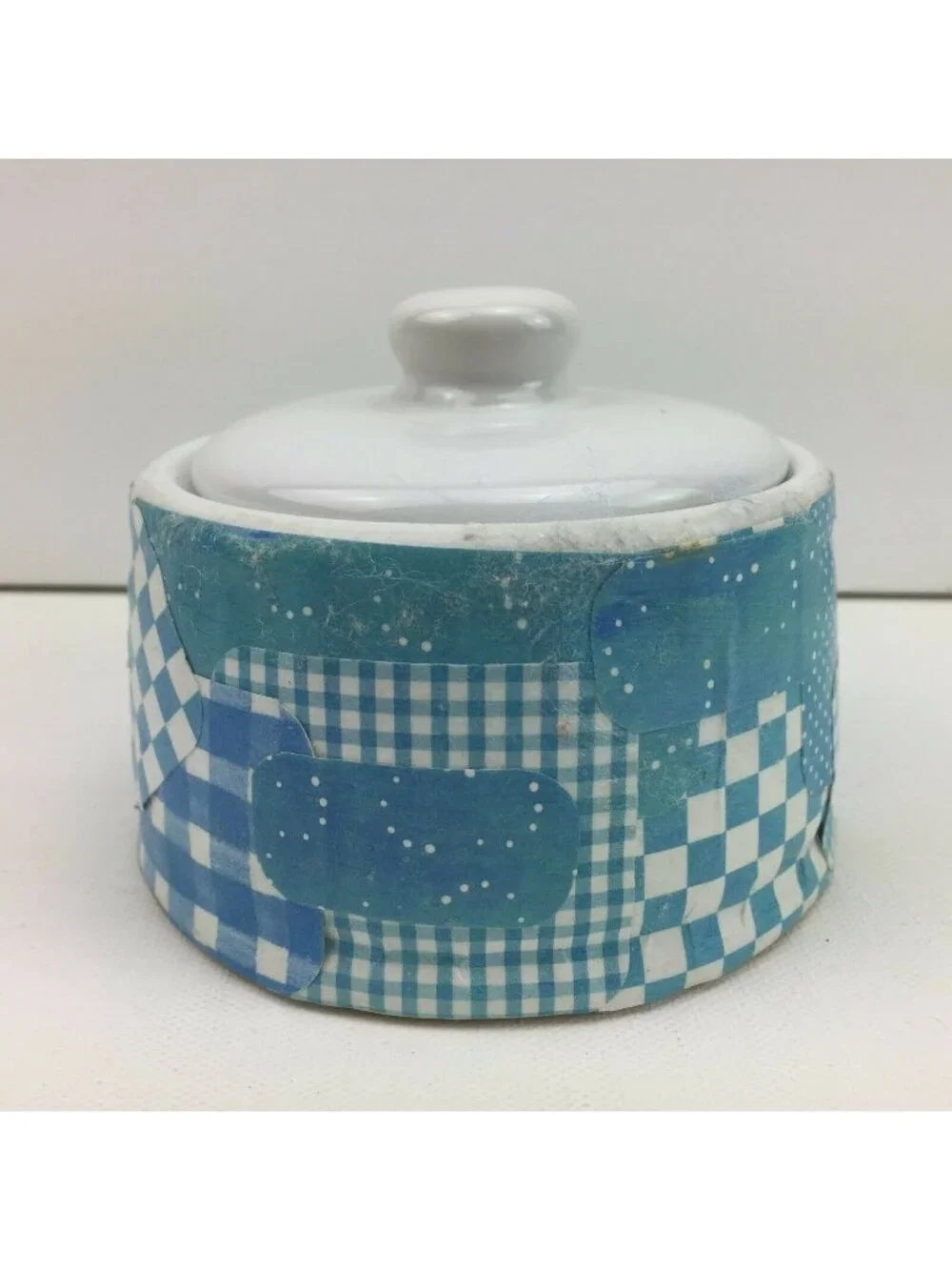 Homemade Ceramic Bathroom Cotton Jar Lid Blue White Gingham Check Plaid